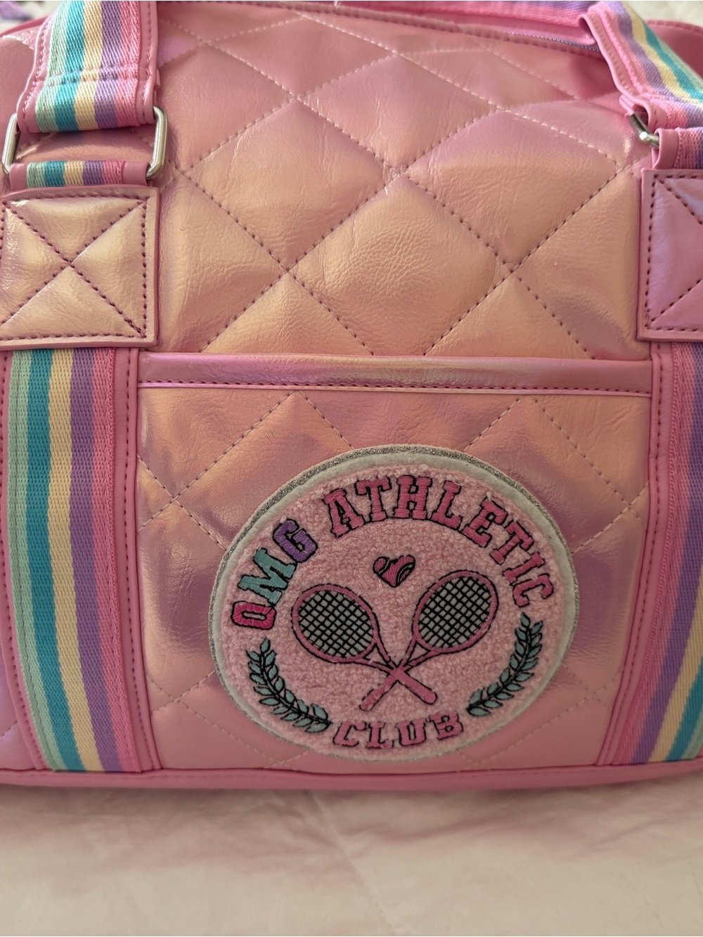 Pink Quilted Athletic Tote with Rainbow Straps